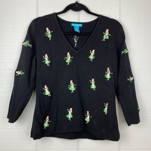 Alexandra Bartlett Black Knit Sweater Embroidered Hula Dancers Hawaiian V-neck L